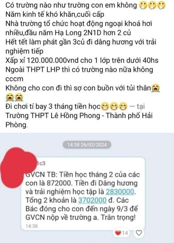 Phụ huynh học sinh lớp 12 Trường THPT Lê Hồng Phong phản ánh lên mạng xã hội.