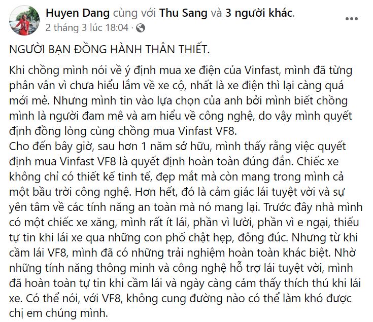 Chị Huyền Đặng gọi chiếc VF 8 của mình là người bạn đồng hành thân thiết. Chị Huyền Đặng gọi chiếc VF 8 của mình là người bạn đồng hành thân thiết.