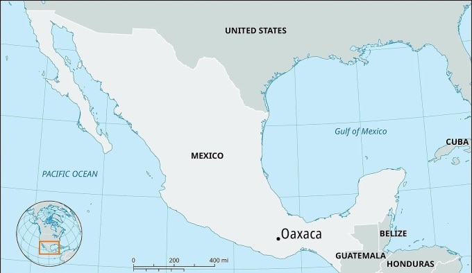 Vị trí bang Oaxaca, miền nam Mexico. Đồ họa: Britannica