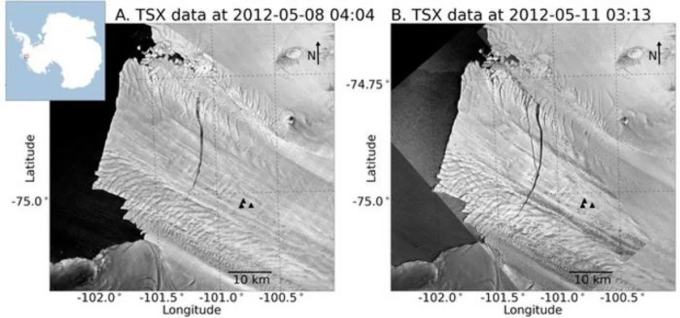 Ảnh vệ tinh ngày 8/5 (trái) và 11/5 (phải) vào năm 2012 cho thấy đường nứt mới tạo thành một nhánh chữ Y ở bên trái của đường nứt cũ. Ảnh: Olinger/AGU Advances