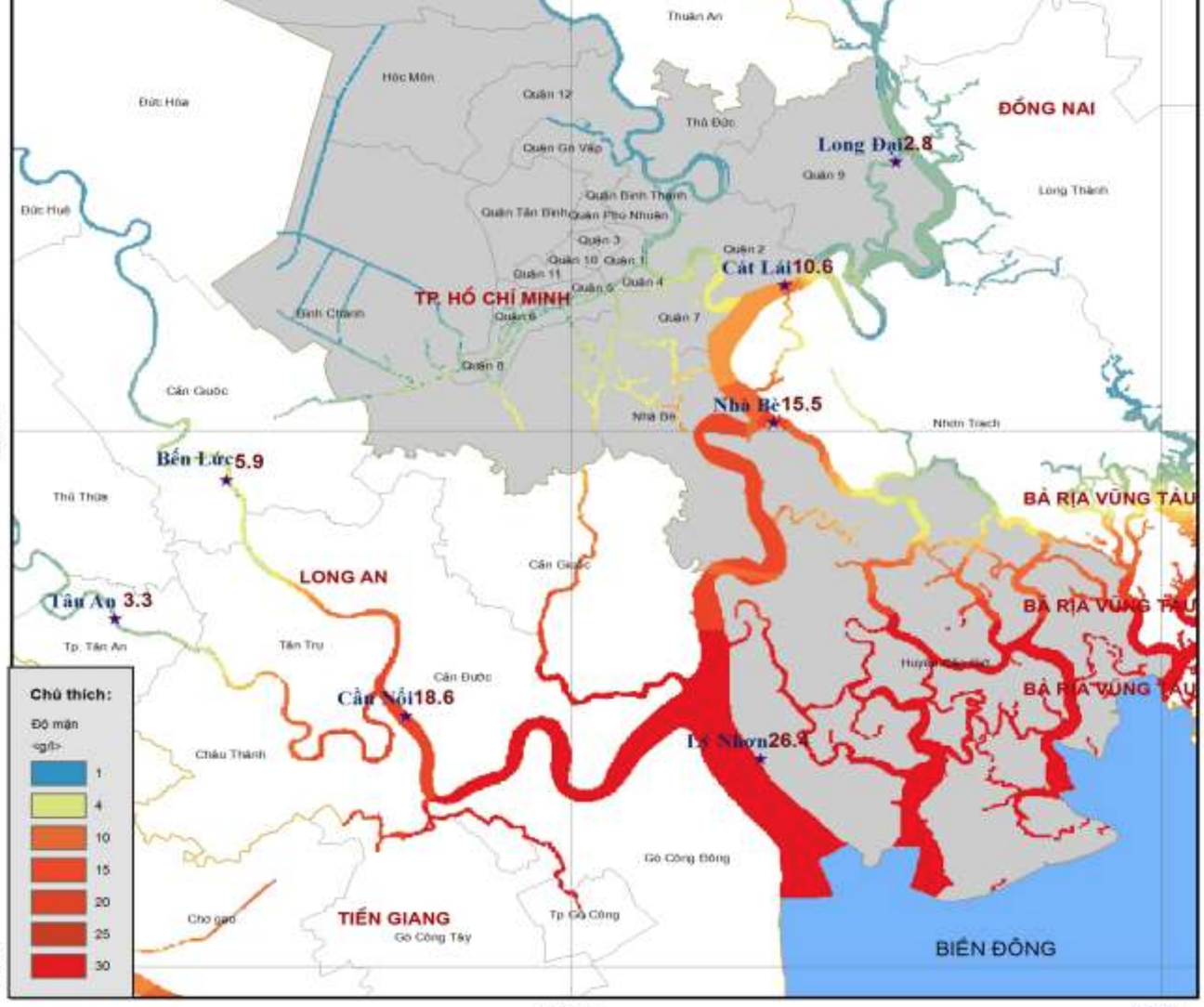 TP.HCM xâm nhập mặn sâu đến 80 km, cảnh báo cấp độ 3- Ảnh 1. TP.HCM xâm nhập mặn sâu đến 80 km, cảnh báo cấp độ 3- Ảnh 1.