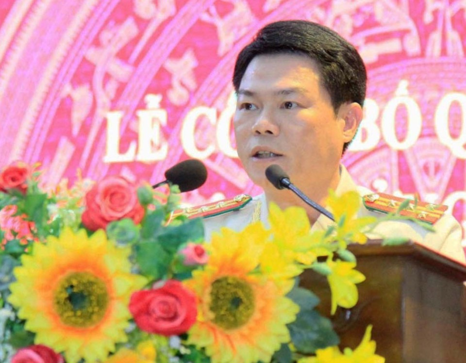 Tân Giám đốc Công an tỉnh Nam Định phát biểu tại buổi lễ.