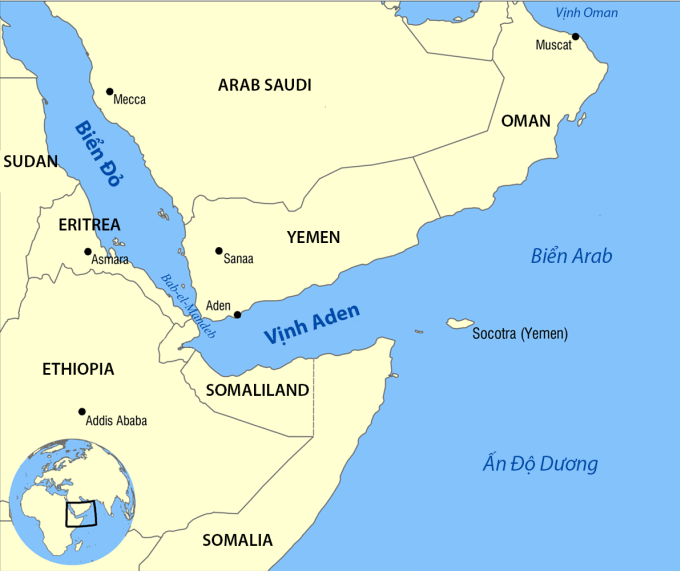 Vị trí Biển Đỏ và VỊnh Aden. Đồ họa: Wikimedia
