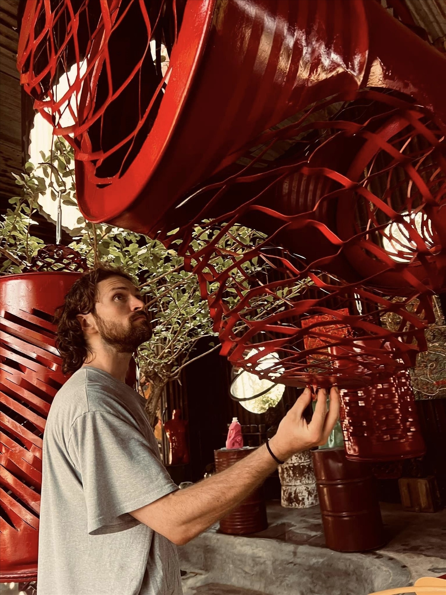 Recycled waste is both installation, sculptural, and highly interactive for environmental art.