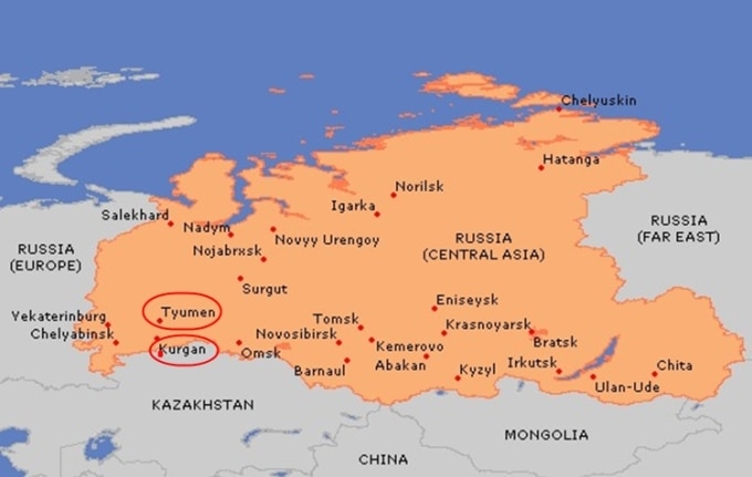Vị trí Tyumen và Kurgan. Đồ họa: worldclimateguide