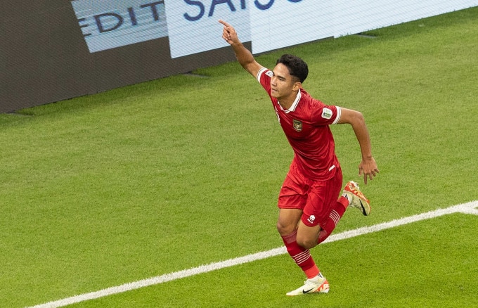 Marselino Ferdinan mừng bàn thắng cho Indonesia trong trận thua Iraq 1-3 ở vòng bảng Asian Cup 2023. Ảnh: AFC