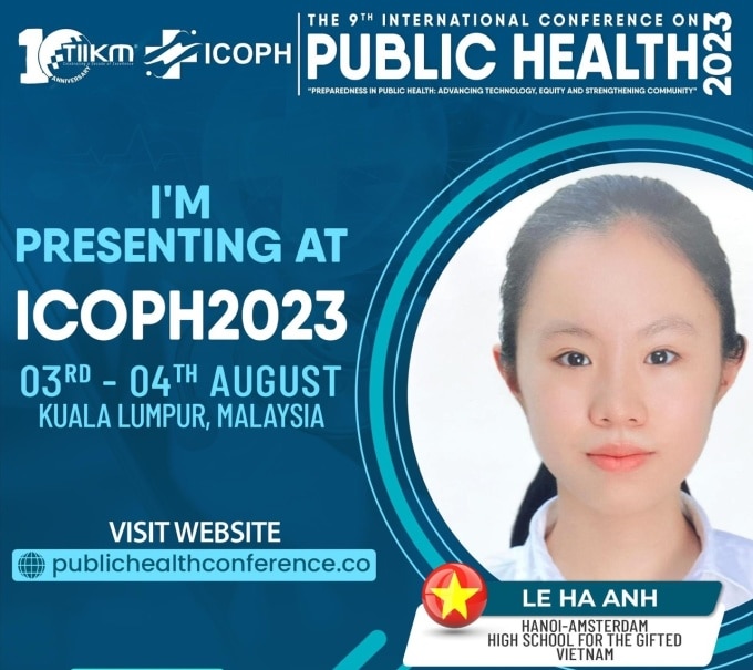 Poster giới thiệu Hà Anh sẽ có bài trình bày tại Hội nghị quốc tế về khoa học sức khoẻ (ICOPH) năm 2023 tại Malaysia. Ảnh: Nhân vật cung cấp