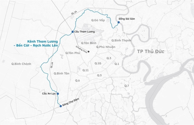 Hướng tuyến kênh Tham Lương - Bến Cát - rạch Nước Lên. Đồ hoạ: Khánh Hoàng