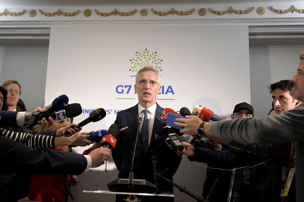 NATO Secretary General Jens Stoltenberg at a press conference on the sidelines of the G7 conference in Italy on April 18.4