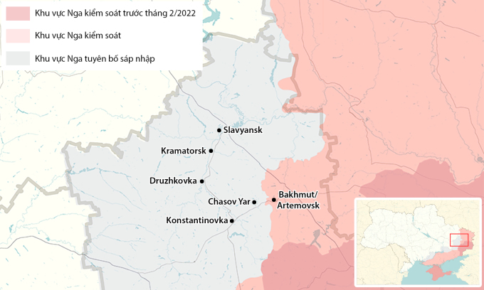 Các thành phố Bakhmut/Artemovsk, Chasov Yar, Kramatorsk, Slavyansk, Druzhkovka và Konstantinovka. Đồ họa: RYV