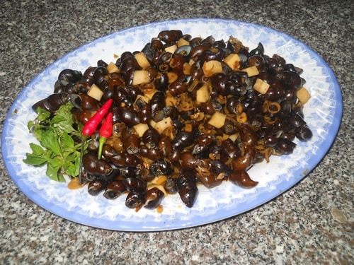 Gemüse, Steinschnecken, Wildfisch, vielfältige Produkte ergeben seltsame Gerichte in einem Stadtteil von Quang Ngai – Foto 2.