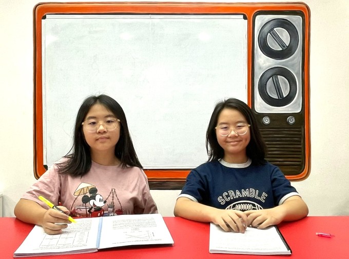 Minh Anh (trái) và Chi Anh tự học ở nhà. Ảnh: Gia đình cung cấp
