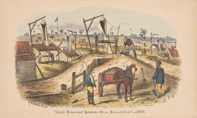 Bức tranh tái hiện một bãi đào vàng ở Ballarat, Australia, năm 1853. Ảnh: National Museum Australia