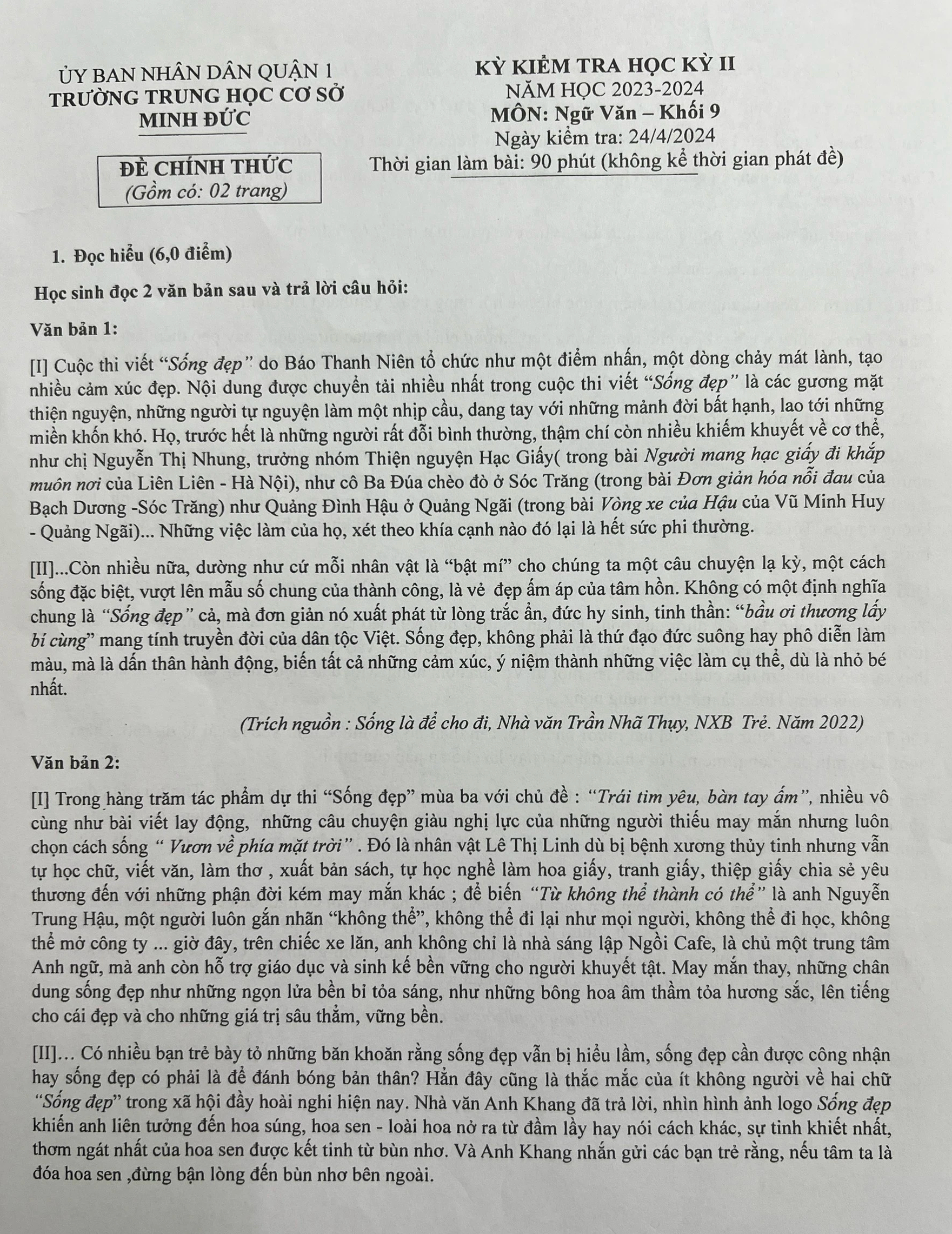 Đề kiểm tra ngữ văn lan tỏa tinh thần 'Sống đẹp' từ cuộc thi Báo Thanh Niên- Ảnh 1. Đề kiểm tra môn ngữ văn lớp 9 của Trường THCS Minh Đức (Q.1, TP.HCM) sử dụng ngữ liệu là bài viết về cuộc thi Sống đẹp của Báo Thanh Niên