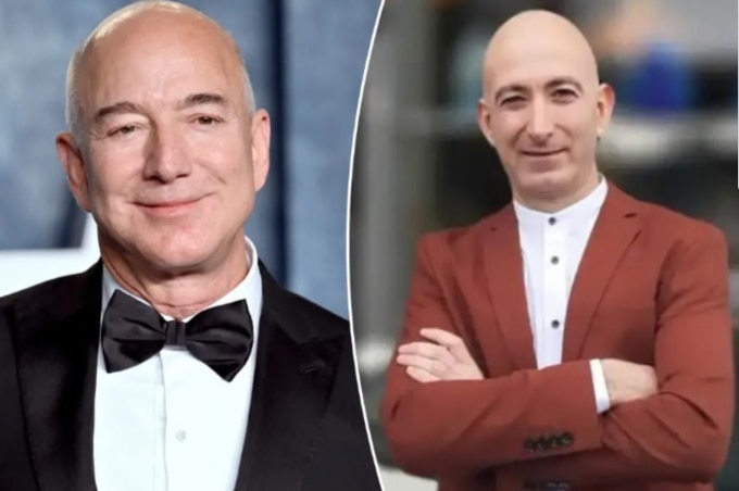 Cagdas Halicilar (phải) đã từ bỏ công việc thợ điện sau khi được phát hiện gương mặt giống tỷ phú Jeff Bezos (trái) chuyên nghiệp. Ảnh: NY Post