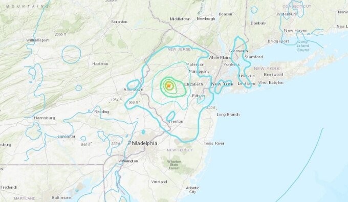 Vị trí tâm chấn của trận động đất ở New Jersey, Mỹ, sáng 5/4. Đồ họa: USGS