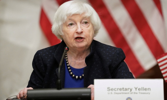 Bộ trưởng Tài chính Mỹ Janet Yellen tại sự kiện bên lề cuộc họp mùa xuân của IMF và Ngân hàng Thế giới ở Washington ngày 17/4. Ảnh: Reuters