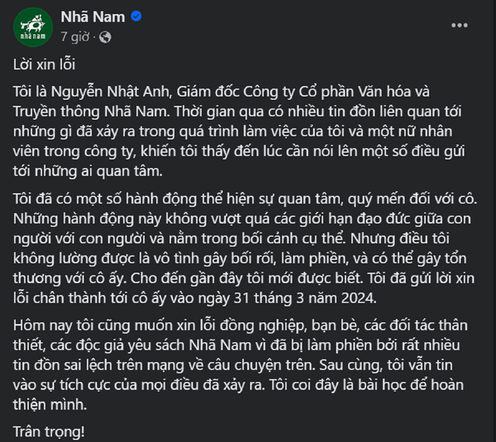 Lời xin lỗi trên fanpage công ty Nhã Nam.