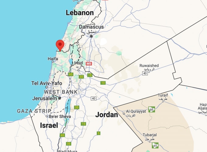Vị trí làng Arab al-Aramshe (chấm đỏ) ở khu vực biên giới Israel và Lebanon. Đồ họa: Google Maps