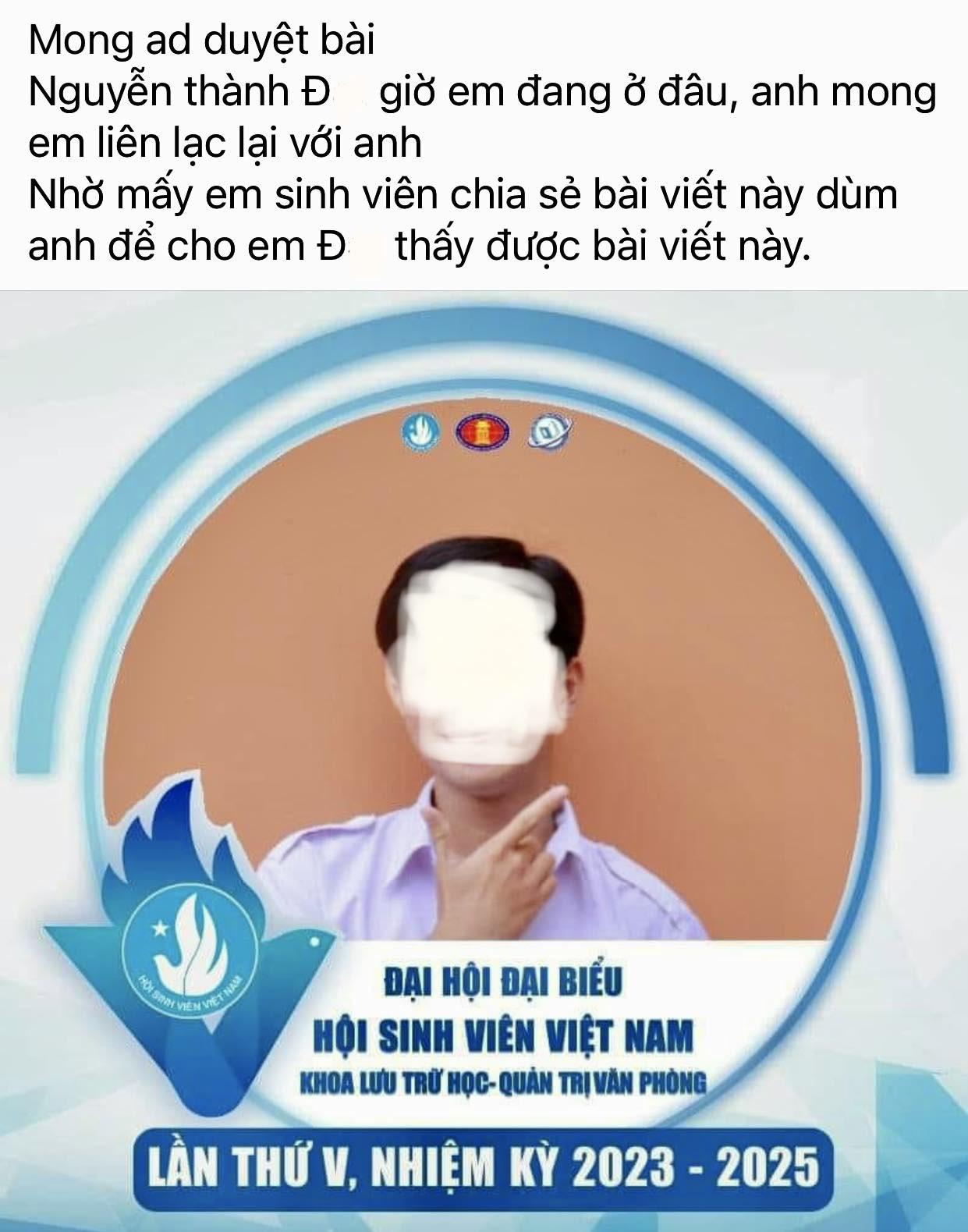 Mạo danh người thân đăng tìm sinh viên mất tích lên mạng xã hội- Ảnh 1. Thông tin và ảnh đăng trên trang Sinh viên KTX ĐHQG TP.HCM sáng nay 28-4 - Ảnh chụp màn hình