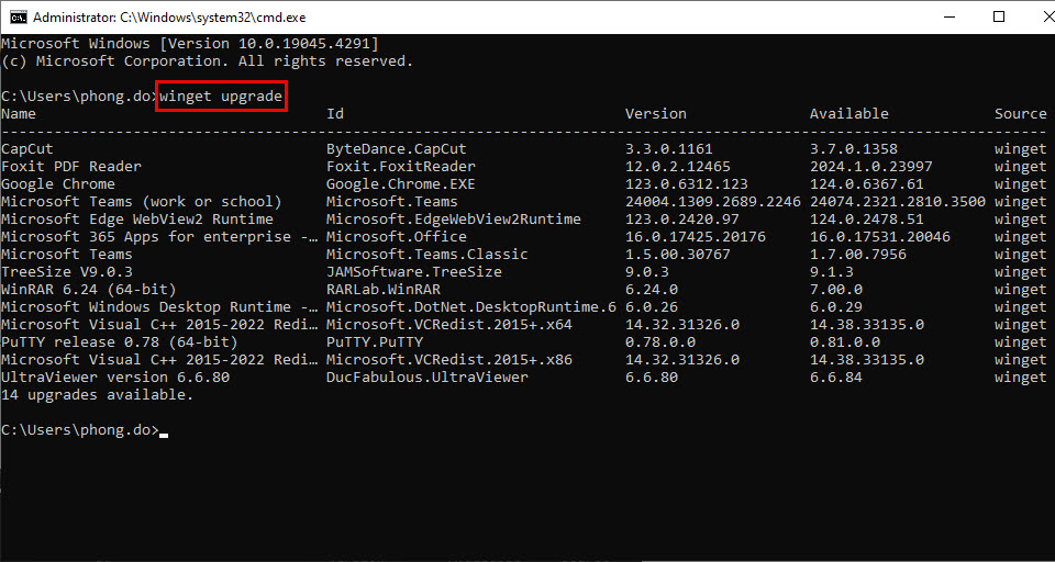 Geben Sie im CMD-Fenster den Befehl „winget upgrade“ ein