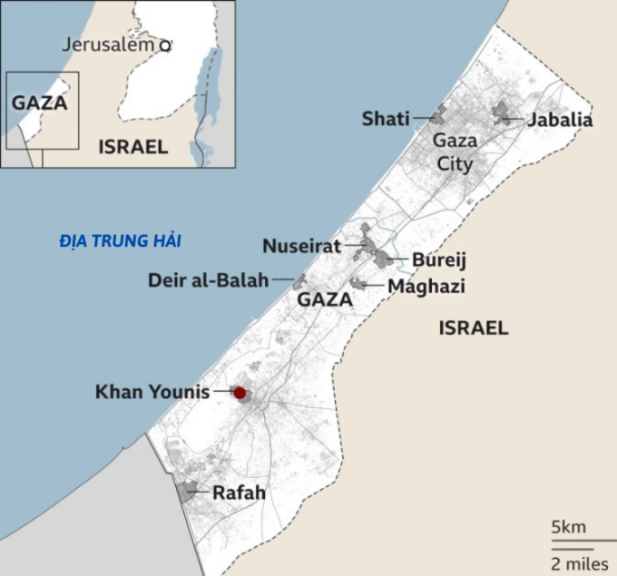 Dải Gaza và vị trí Gaza City. Đồ họa: BBC