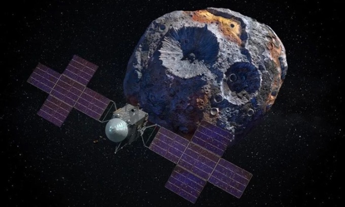 Simulation du vaisseau spatial Psyché volant vers l'astéroïde du même nom. Photo : Forbes