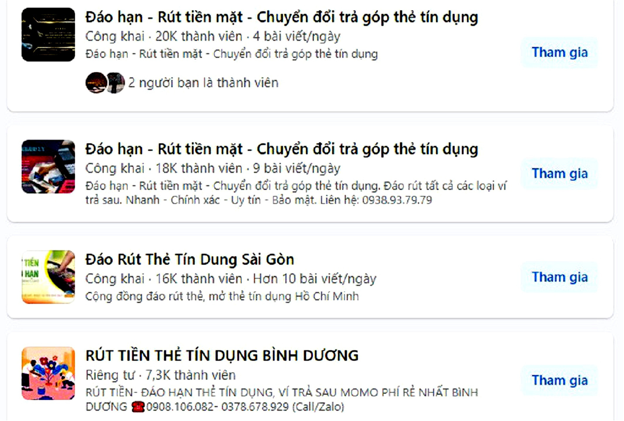 Người trẻ trước 'biển' thẻ tín dụng: Dịch vụ 'cứu nguy' chủ thẻ, càng cứu càng nguy- Ảnh 1. Không khó để tìm thấy các hội, nhóm cho vay đáo hạn, rút tiền mặt từ thẻ tín dụng tràn lan trên mạng hiện nay - Ảnh: C.T. chụp màn hình