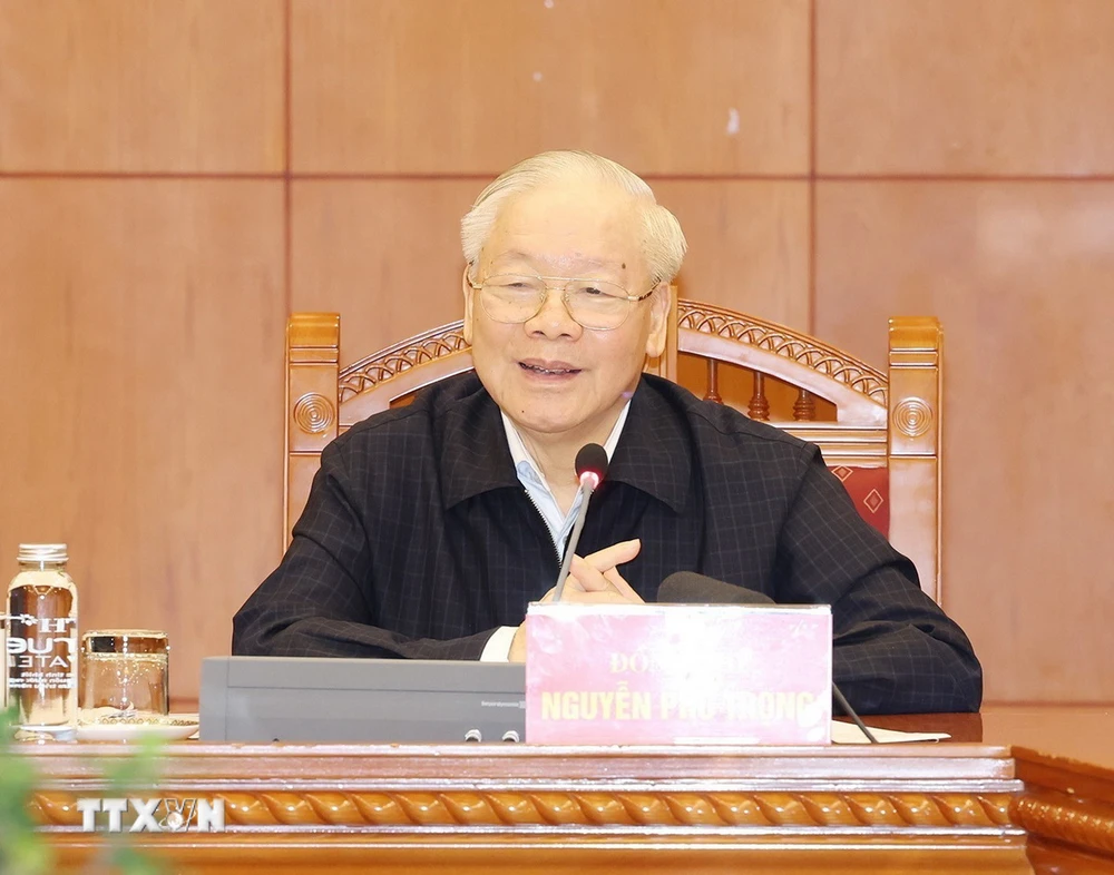 Tổng Bí thư Nguyễn Phú Trọng phát biểu kết luận phiên họp đầu tiên Tiểu ban Nhân sự Đại hội XIV của Đảng. (Ảnh : Trí Dũng/TTXVN)