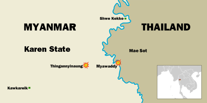 Vị trí thị trấn Myawaddy của Myanmar, giáp thị trấn Mae Sot của Thái Lan. Đồ họa: Irrawady