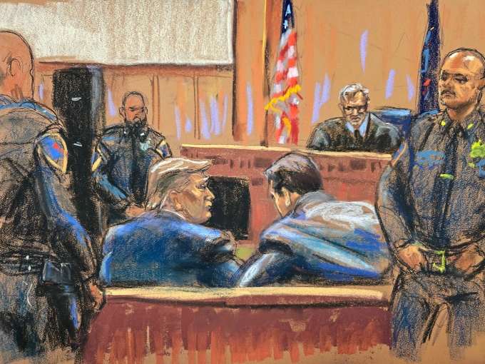 Tranh phác họa Trump bên trong tòa hình sự Manhattan, New York City ngày 15/4. Ảnh: Reuters