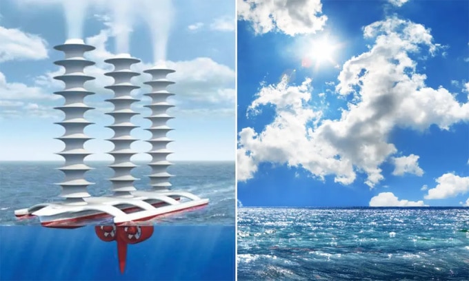 Mô phỏng dùng tàu không người lái để thực hiện kỹ thuật tăng sáng mây đại dương. Ảnh: Interesting Engineering