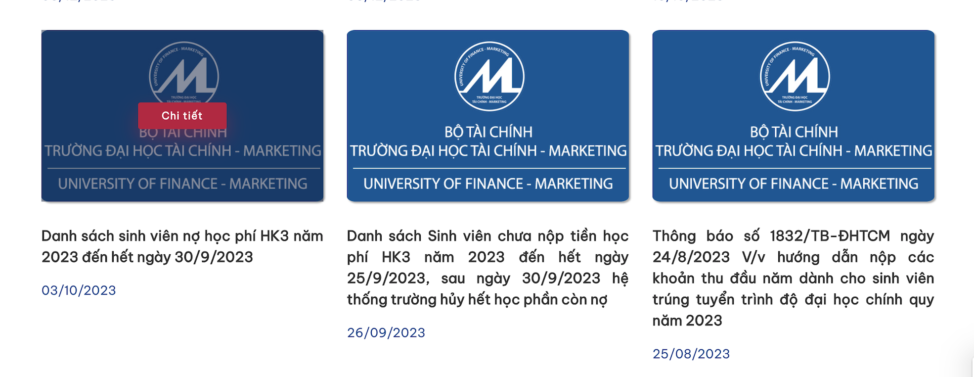 Trường đại học đăng danh sách sinh viên nợ học phí, có trường hợp chỉ nợ 10.000 đồng- Ảnh 1. Trường đại học Tài chính - Marketing công bố hàng loạt danh sách sinh viên nợ học phí trên website của trường trong nhiều năm nay - Ảnh chụp màn hình