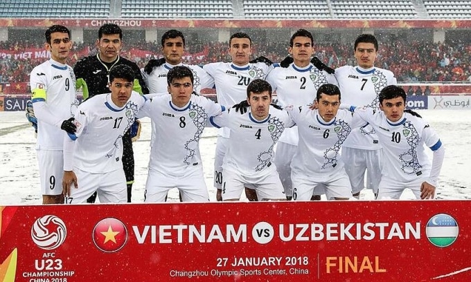 Uzbekistan trong trận chung kết U23 châu Á gặp Việt Nam tại thành phố Thường Châu, tỉnh Giang Tô, Trung Quốc, ngày 27/1/2018. Ảnh: Xinhua