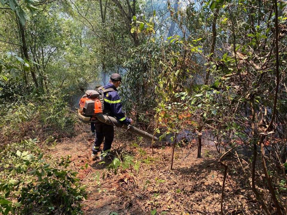 Lực lượng chữa cháy cố gắng khống chế đám cháy trong điều kiện hết sức khó khăn, nắng gay gắt trên 40°C và gió phơn Lào quạt mạnh. 