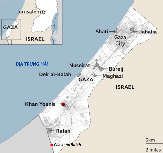 Vị trí cửa khẩu Rafah. Đồ họa: BBC