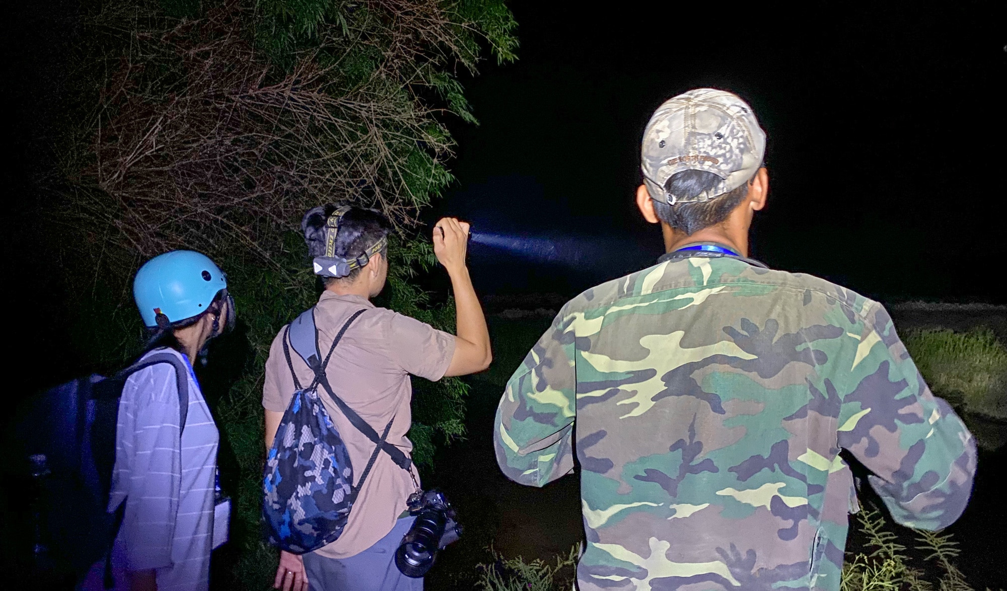 “Thánh chim” Bùi Thanh Trung (bìa phải) cùng đồng đội trẻ đi tìm chim cú lúc nửa đêm - Ảnh: H.T