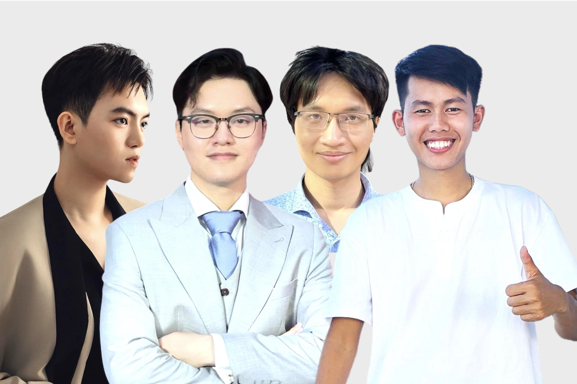 'Chàng trai vàng toán học' vào top 30 người trẻ có tầm ảnh nhất châu Á 2024- Ảnh 2. 4 người trẻ Việt Nam lọt vào top 30 người nổi tiếng dưới 30 tuổi có sức ảnh hưởng nhất châu Á 2024 do tạp chí Forbes vừa công bố. Từ trái qua: Phan Đăng Hoàng, Trần Tuấn Minh, Phạm Tuấn Huy, Đồng Văn Hùng