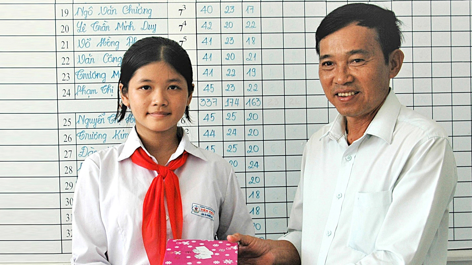 Học bổng chắp cánh ước mơ: Mong cuộc đời nhiều phước như cái tên- Ảnh 1. Thầy Hồ Văn Việt tặng thưởng cho Lâm Ân Phước khi bạn đạt học sinh giỏi - Ảnh: LƯ THẾ NHÃ