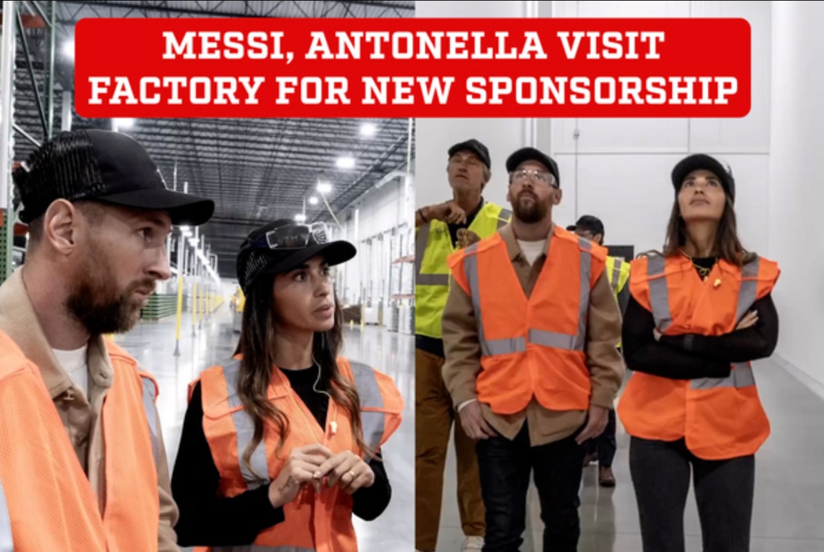 Messi và vợ đến thăm một nhà máy sản xuất loại đồ uống mới sắp ra mắt, do họ đầu tư và là chủ sở hữu