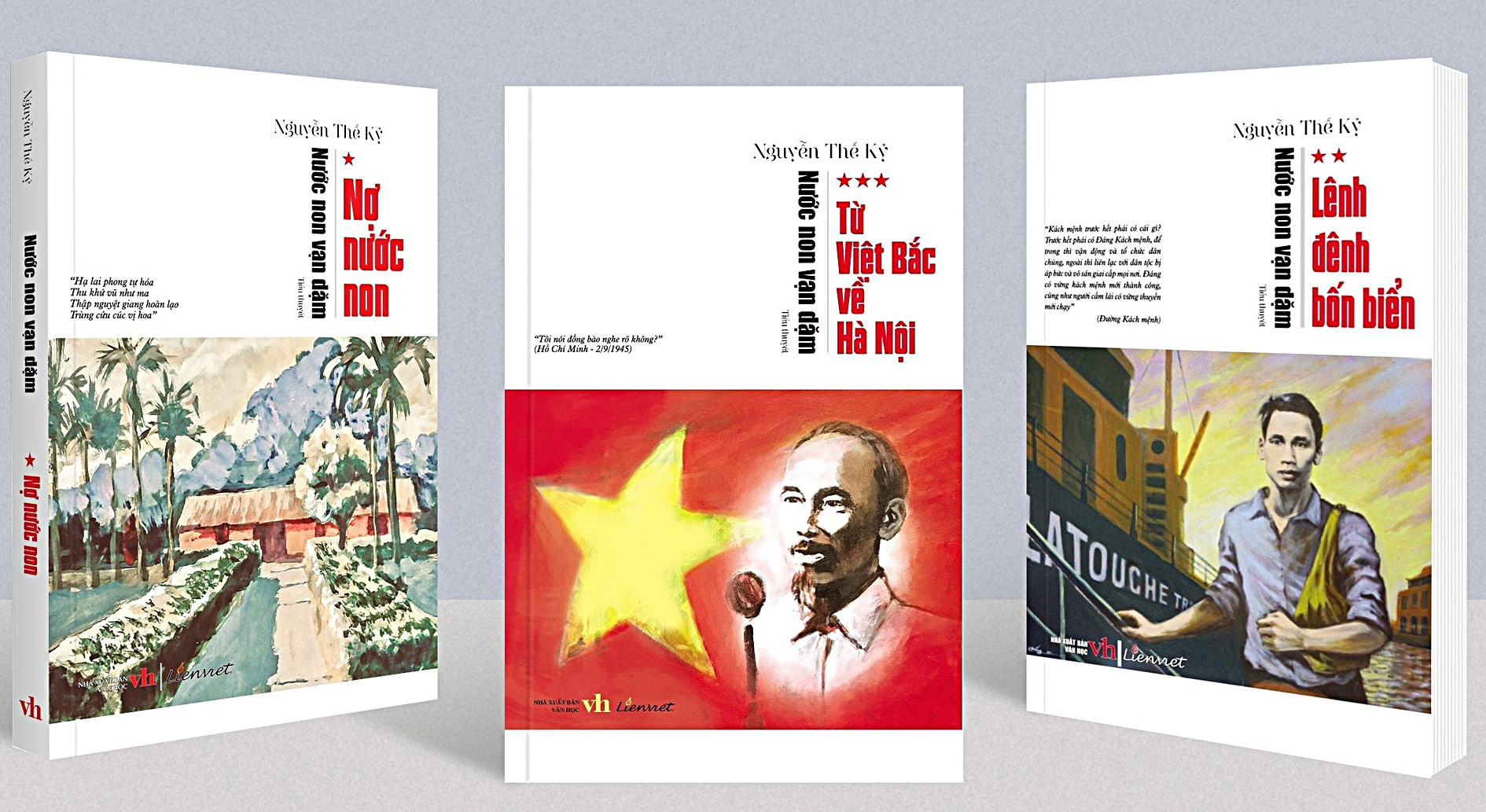 Nước non vạn dặm: Bộ tiểu thuyết 'ôm trọn' cuộc đời Bác Hồ- Ảnh 1. Ba tập đầu trong bộ tiểu thuyết Nước non vạn dặm về cuộc đời Bác - Ảnh: LIÊN VIỆT