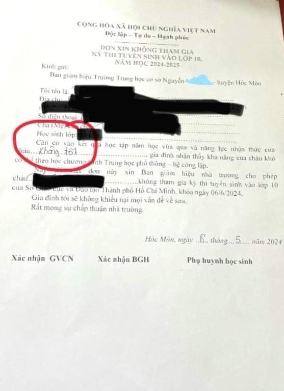 Vụ đơn 'xin không tham gia thi tuyển sinh lớp 10': Kiểm điểm những người liên quan- Ảnh 1. Đơn xin không tham gia kỳ thi tuyển sinh lớp 10 do Trường THCS Nguyễn Văn Bứa, huyện Hóc Môn (TP.HCM) phát cho phụ huynh