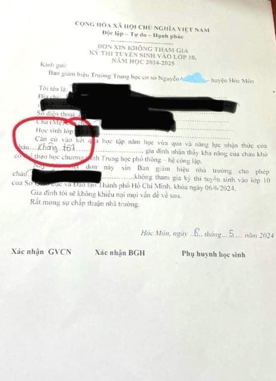 Đơn xin không tham gia kỳ thi tuyển sinh lớp 10 do Trường THCS Nguyễn Văn Bứa, huyện Hóc Môn (TP.HCM) phát cho phụ huynh
