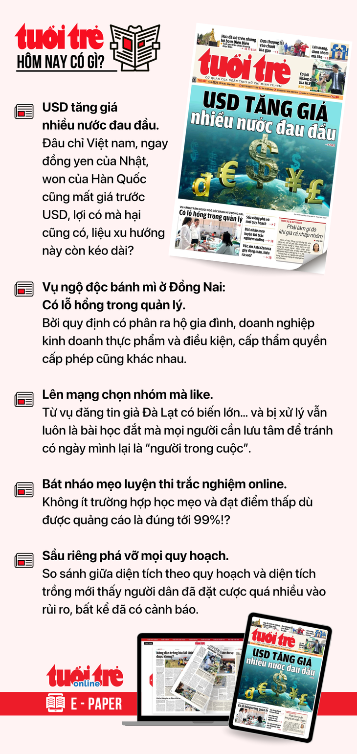Tin tức sáng 4-5: 'Sổ đỏ' theo Luật Đất đai mới gồm những nội dung nào?- Ảnh 3. Tin tức đáng chú ý trên Tuổi Trẻ nhật báo ngày 4-5. Để đọc Tuổi Trẻ báo in phiên bản E-paper, mời bạn đăng ký Tuổi Trẻ Sao TẠI ĐÂY