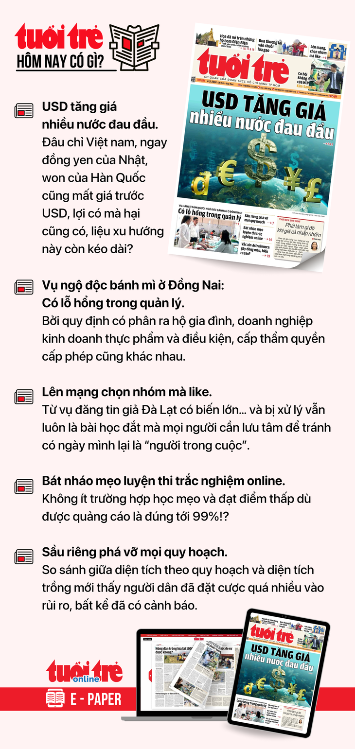 Tin tức đáng chú ý trên Tuổi Trẻ nhật báo ngày 4-5. Để đọc Tuổi Trẻ báo in phiên bản E-paper, mời bạn đăng ký Tuổi Trẻ Sao TẠI ĐÂY