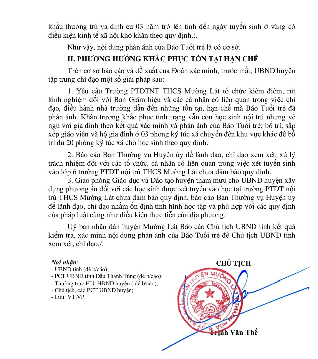 Vụ tuyển sinh sai tại trường nội trú Mường Lát: Sẽ xử lý nghiêm tập thể, cá nhân- Ảnh 5. Báo cáo của UBND huyện Mường Lát - Ảnh: HÀ ĐỒNG