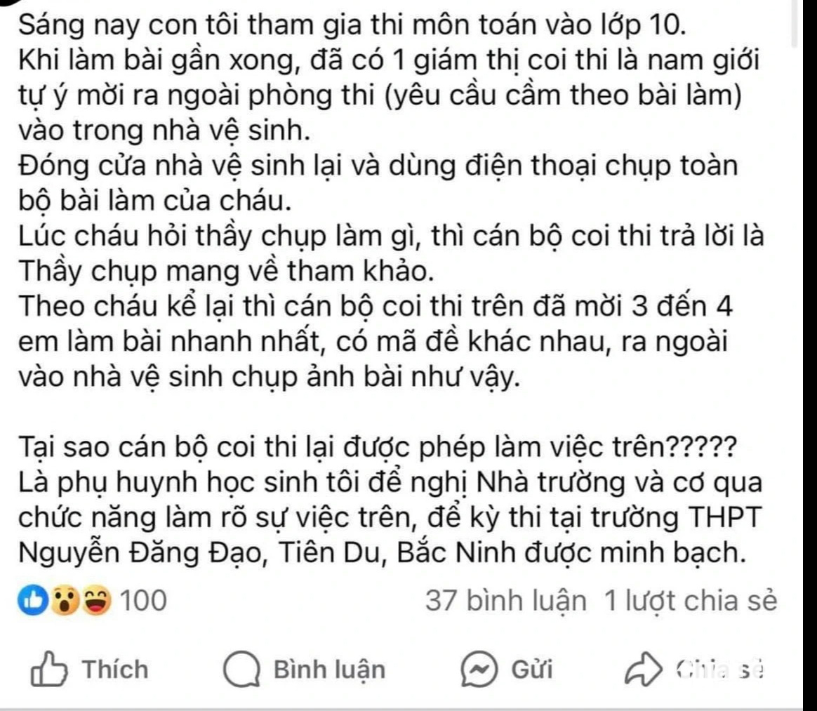 Mạng xã hội tố giám thị ép thí sinh mang bài thi làm sớm ra nhà vệ sinh để chụp ảnh- Ảnh 2. Bài viết được đăng tải trên một trang mạng xã hội - Ảnh: chụp màn hình