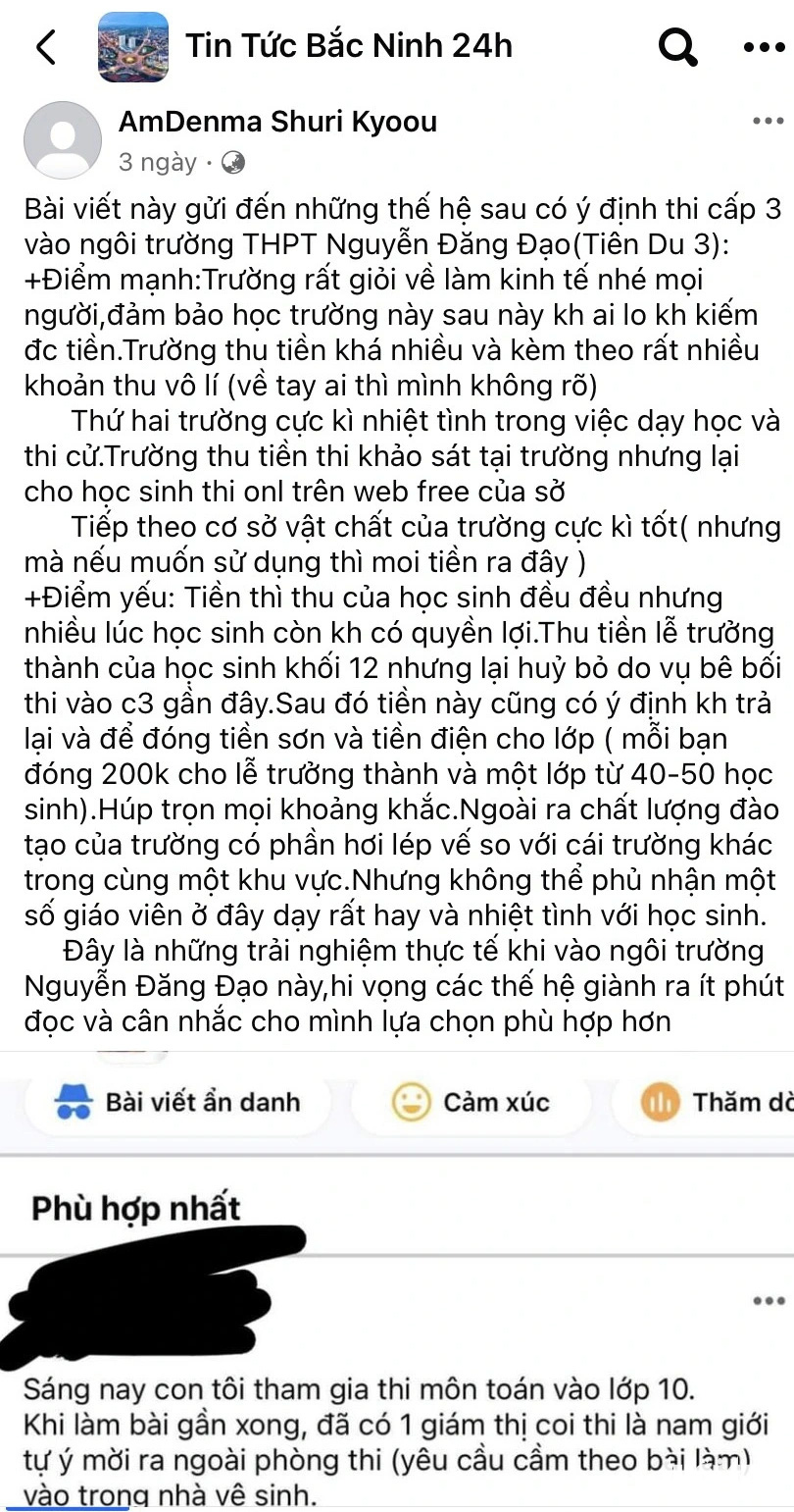 Sau giám thị bị tố chụp bài thi ở nhà vệ sinh, học sinh tố trường thu ‘tiền chống trượt’- Ảnh 2. Bên dưới bài viết đăng kèm ảnh chụp lại bài viết tố giám thị ép thí sinh mang bài thi làm sớm ra nhà vệ sinh để chụp ảnh - Ảnh: chụp màn hình