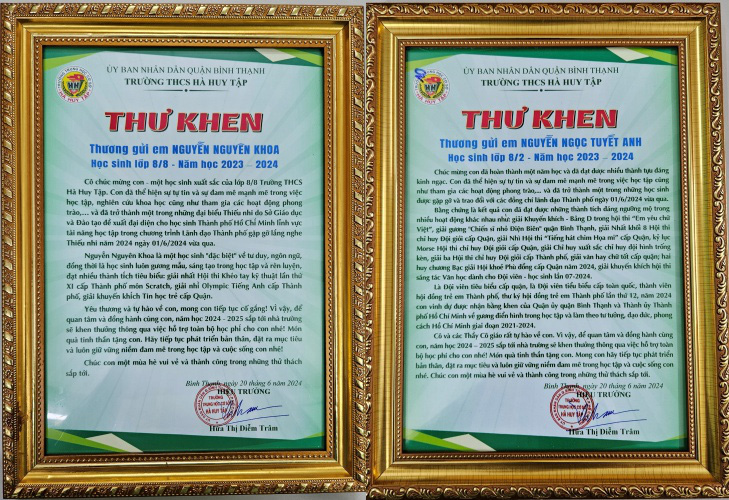 Cô hiệu trưởng viết thư khen, lấy tiền túi làm học bổng tặng cho học trò- Ảnh 1. Hai lá thư khen cô Diễm Trâm viết tặng học trò - Ảnh: NVCC