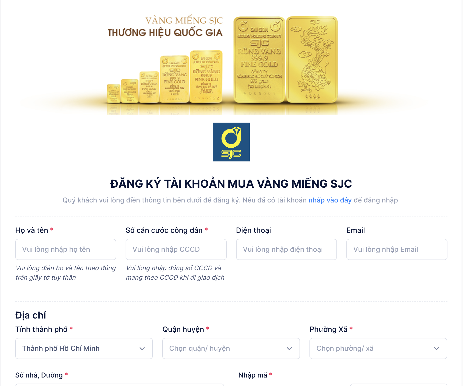 Đến lượt Công ty SJC bán vàng online- Ảnh 2. Website đăng ký mua vàng online của Công ty SJC - Ảnh chụp màn hình